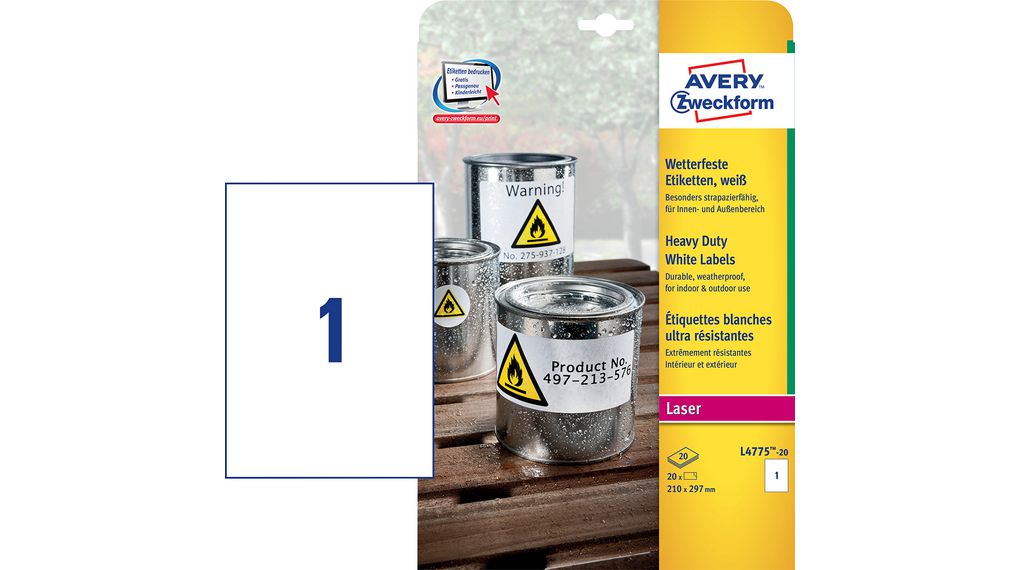 Label, Polyester, 297 x 210mm, 20x 1pcs, White